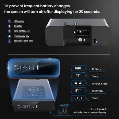 Grimtron Biometric Gun Safe with LED Clock - DOJ Approved Grey and Black Pistol Case with Fingerprint Access, 2 in 1 Watch and Mobile Wireless Charging, Backlit Keypad, LED Light, Safety Cable and Automatic Unlock