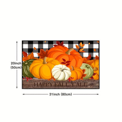 Autumn Pumpkin Print Floor Mat – Thanksgiving Harvest Carpet with Maple Leaf Grid, Anti-Fatigue, Anti-Skid and Washable for Kitchen, Dining Room, Office and Laundry Room