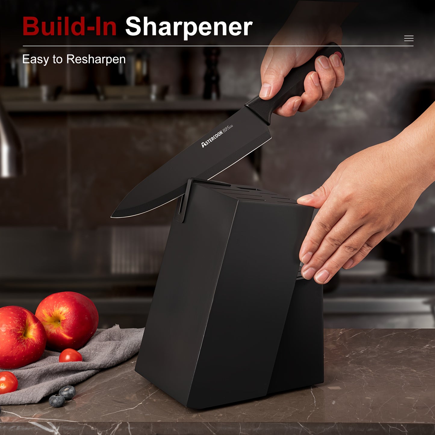 15 Piece Astercook Premium Knife Set - German Steel, Dishwasher Safe, Includes Elegant Black Block and Built-In Sharpener for Precision Cutting