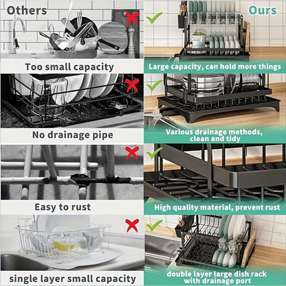 2-Tier Large Stainless Steel Dish Drying Rack with Drainboard – Black Dish Drainer for Kitchen Counter – Includes Space for Dishes, Knives, Cups, Cutting Board