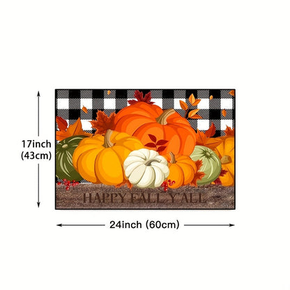 Autumn Pumpkin Print Floor Mat – Thanksgiving Harvest Carpet with Maple Leaf Grid, Anti-Fatigue, Anti-Skid and Washable for Kitchen, Dining Room, Office and Laundry Room
