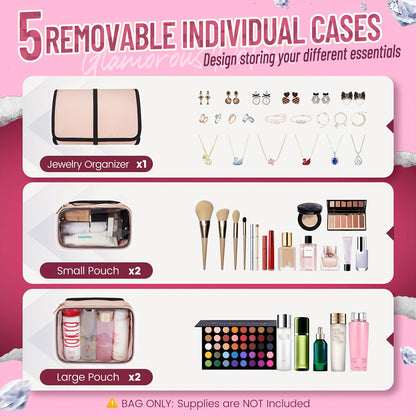 Large Multi-Functional Cosmetic Travel Organizer – 4 Detachable Compartments and Jewelry Roll, Versatile Makeup Bag for Toiletries, Skin Care, Hair Products, Ideal Women's Gift