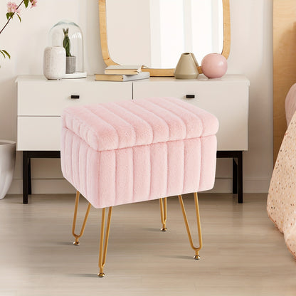 Luxurious Faux Fur Vanity Storage Ottoman Chair - Metal Legs, Flip-Top Foot Rest, Soft Padded Seat, Ample Storage