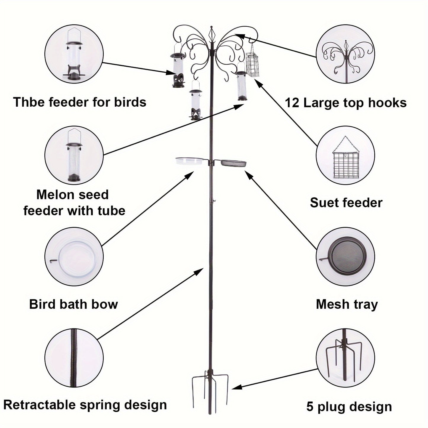 94-Inch Metal Bird Feeding Station – Complete Multi-Feeder Kit with 4 Feeders, Water Bowl & Food Tray