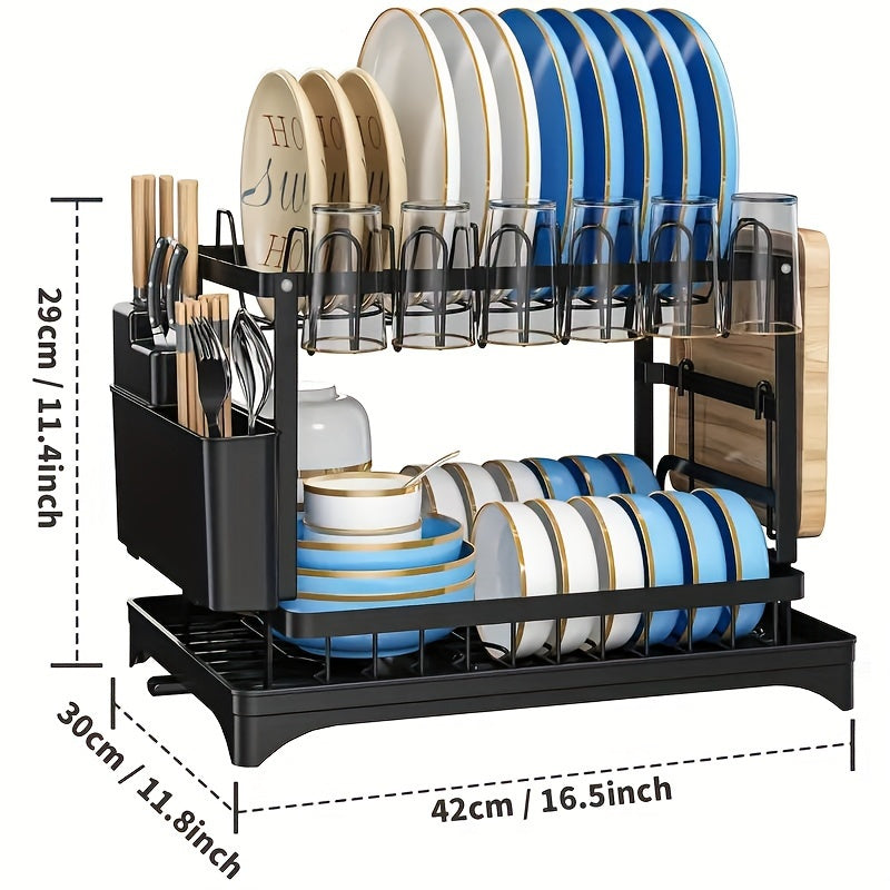 2 Tier Rustproof Metal Dish Rack with Drainboard and Utensil Holder – Space-Saving Kitchen Countertop Organizer for Dishes and Utensils, Easy to Clean