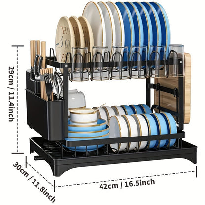 2 Tier Rustproof Metal Dish Rack with Drainboard and Utensil Holder – Space-Saving Kitchen Countertop Organizer for Dishes and Utensils, Easy to Clean