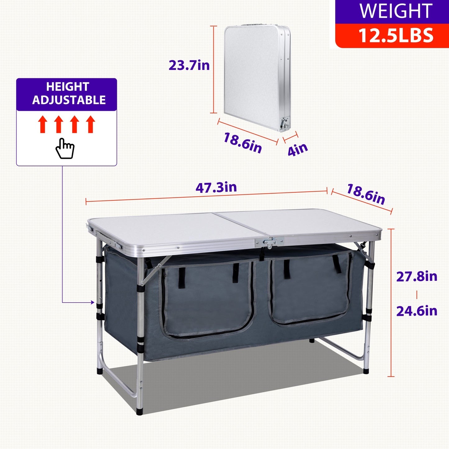 Multi-Functional Camping Table – Foldable & Height-Adjustable, Lightweight Aluminum with Carry Handle, Perfect for Outdoor Adventures, Beach Trips, BBQs, Picnics, Cooking, Festivals & Office Breaks