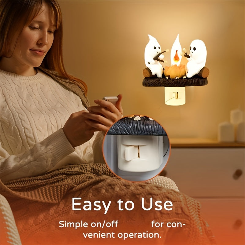 Halloween Ghost Campfire Flickering Night Light – 3D LED Faux Campfire Nightlight for Indoor Decorations, Perfect for Family and Friends