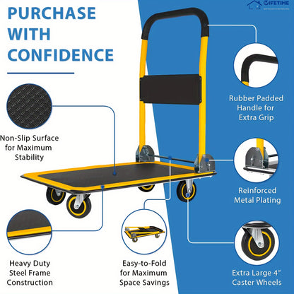 Heavy-Duty Large Foldable Push Cart Dolly - 330/660 Lbs Capacity, Collapsible Steel Flat Bed Wagon with Swivel Handle, Blue, White/Black, Yellow - Ideal for Moving & Transport
