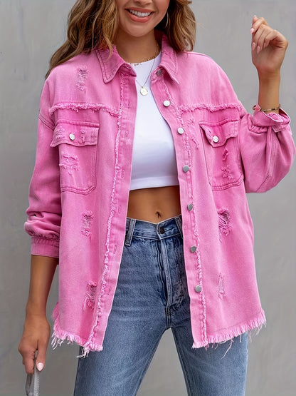 Women's Plus-Size Denim Blazer with Distressed Holes