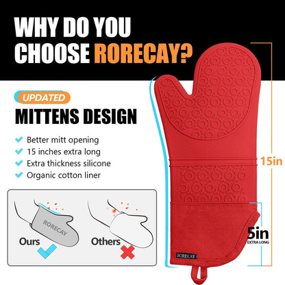 Premium Oven Mitts & Pot Holders Set - High Heat Resistant, Long, Non-Slip, Comfortable Grip - Essential Kitchen Tools for Home Cooks and Professionals