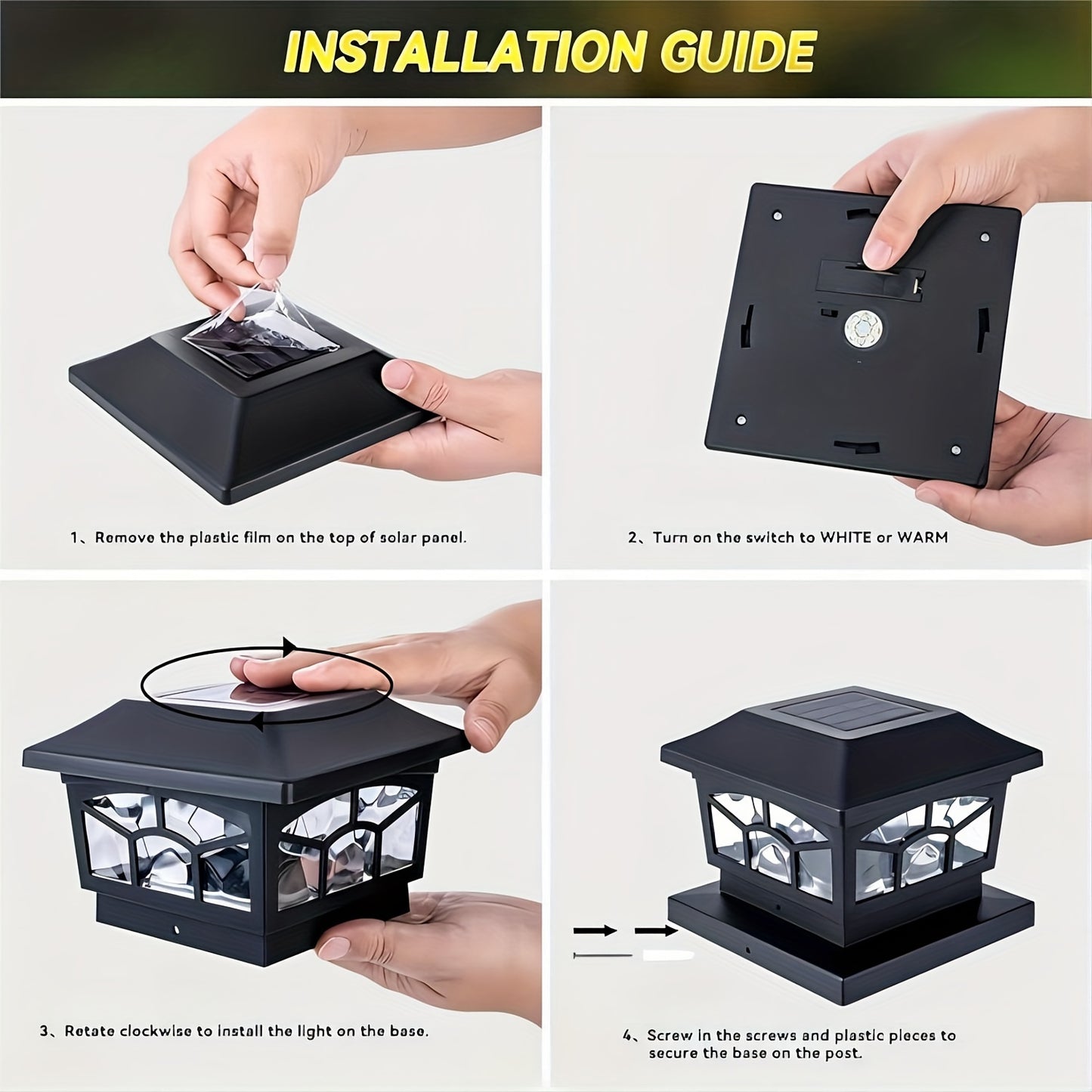 6 Pack Solar Fence Post Cap Lights – Waterproof Outdoor Deck Lights with 8 LEDs, Dual Light Modes ( Warm/Cool White ) for 4x4/6x6 Wooden/Vinyl Posts – Ideal for Garden, Deck, Patio
