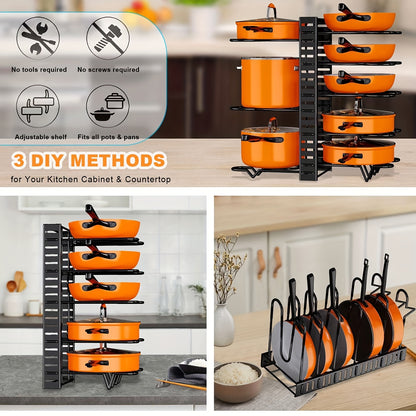 8-Tier Pot Organizer Rack - Metal Kitchen Cabinet Storage for Pots and Pans, Space-Saving Holder