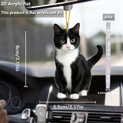 Acrylic Tuxedo Cat Hanging Ornament - Black and White Kitty Pendant with Plush Texture for Car and Bag Decor