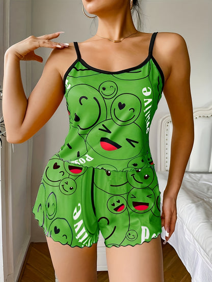 Smiling Face Print Pajama Set - Women's Cute Round Neck Backless Cami Top and Elastic Shorts Sleepwear