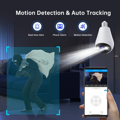 3MP Panoramic PTZ Rotation Light Bulb Wireless Security Camera – Motion Detection, Full-Color Night Vision and Two-Way Voice Call