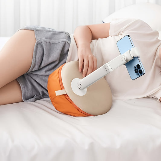 Soft Detachable Phone Holder – Adjustable Pillow Cushion Stand for Bed and Car, Orange and Gray, Ergonomic Design for Comfortable Viewing
