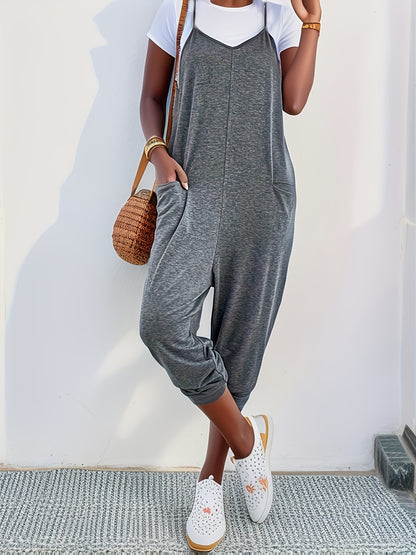 Solid Patched Pockets Overall Jumpsuit – Versatile V-Neck Design for Spring and Summer – Women’s Clothing