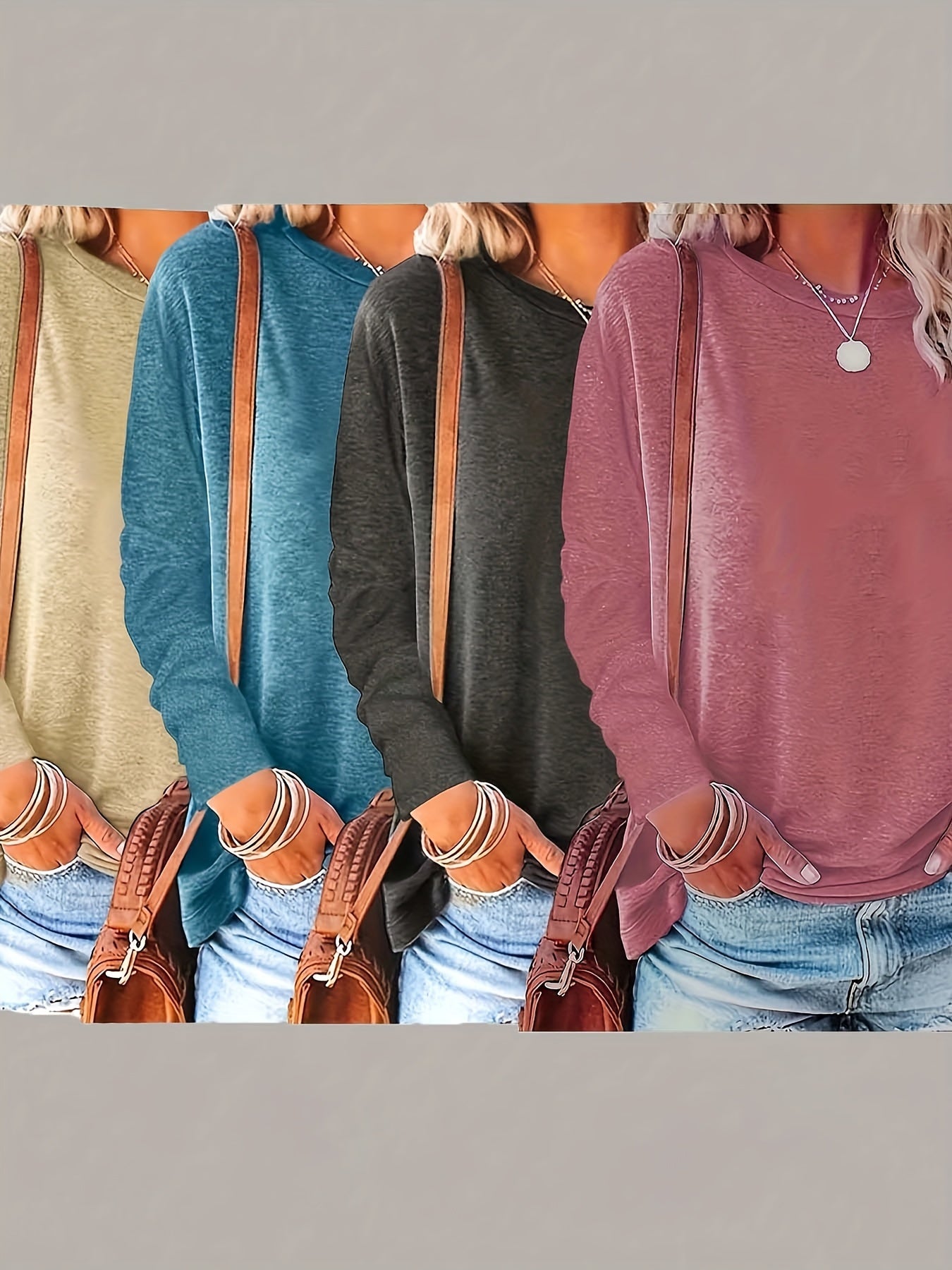 4 Pack Women's Long Sleeve Crew Neck T-Shirts - Casual Fall & Spring Tops for Women