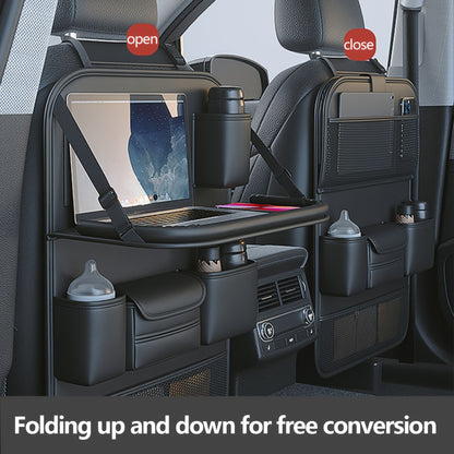 Premium PU Leather Backseat Organizer with Foldable Table Tray – Multi-Functional Vehicle Seat Storage Bag – Large Capacity for SUVs, Trucks and Vans