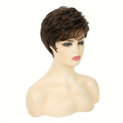 Short Brown Pixie Wig for Women - Synthetic Layered Cosplay Hair | Full Wig in Natural Brown