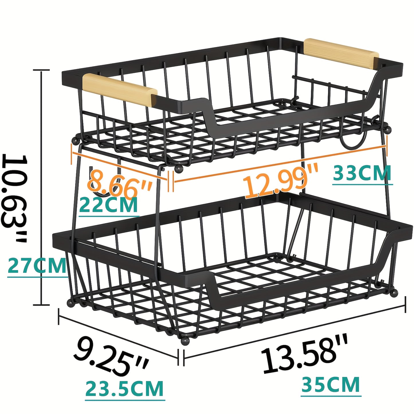 2 Tier Countertop Fruit Basket with 2 Banana Hangers - Detachable Metal Organizer for Bread, Vegetables & Fruits, Large Capacity Rectangular Storage Stand with Wooden Handle, Black