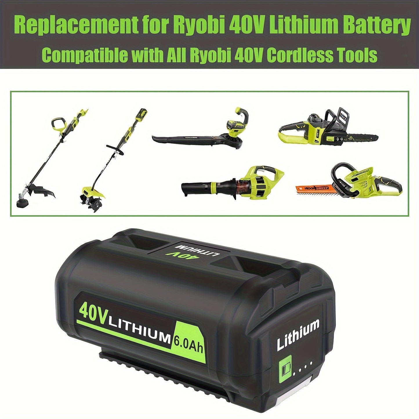 High-Capacity 40V 6.0Ah Lithium Battery Replacement – Compatible with Ryobi 40V Cordless Tools – Long-Lasting, Reliable, Safe Performance