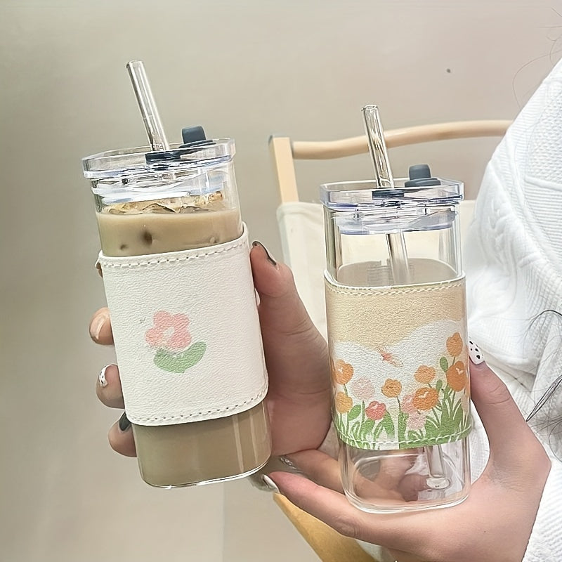 11.83oz Square Glass Coffee Mug with Lid and Straw – Heat Resistant, Transparent Drinkware for Iced Coffee, Milk, Beer – Unique Coffee Mug for Kitchen and Dining