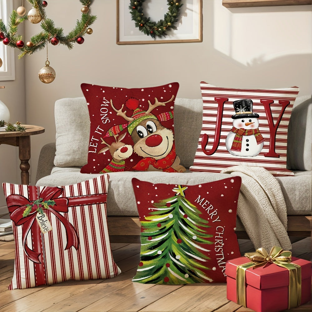 4pcs Merry Christmas Throw Pillow Covers - Cute Reindeer, Snowman & Xmas Tree Designs, Winter Holiday Farmhouse Decor, 18x18in Cushion Covers for Porch, Patio & Living Room