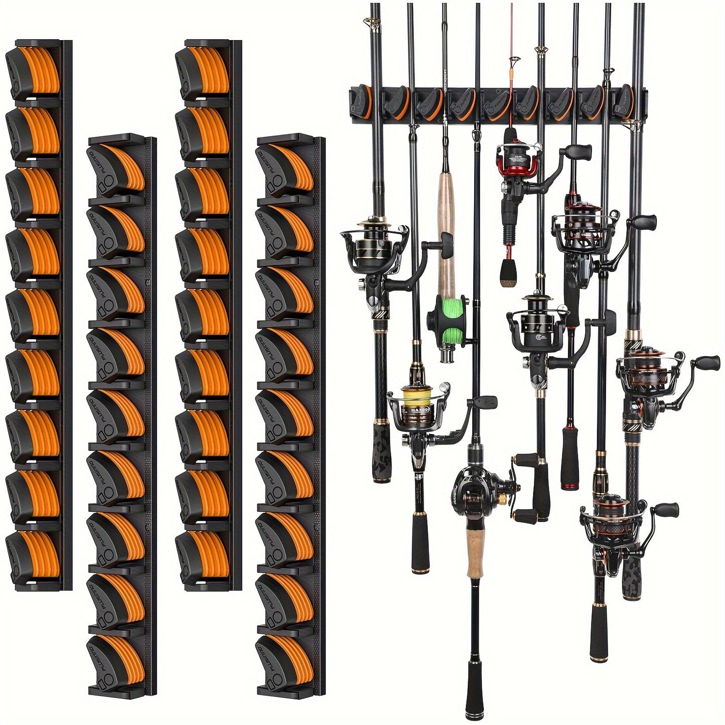 4 Pack PLUSINNO V9 Vertical Wall-Mounted Fishing Rod Holders – Heavy-Duty Aluminum, Holds Up to 36 Rods or Combos, Varnished Finish, Easy Installation, Fits Rods 3-19mm