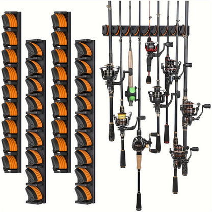 4 Pack PLUSINNO V9 Vertical Wall-Mounted Fishing Rod Holders – Heavy-Duty Aluminum, Holds Up to 36 Rods or Combos, Varnished Finish, Easy Installation, Fits Rods 3-19mm