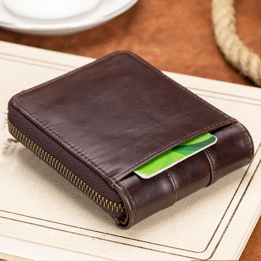 Men's Retro Genuine Leather Multi-Card Wallet with Zip - Large Capacity, Anti-Theft Design
