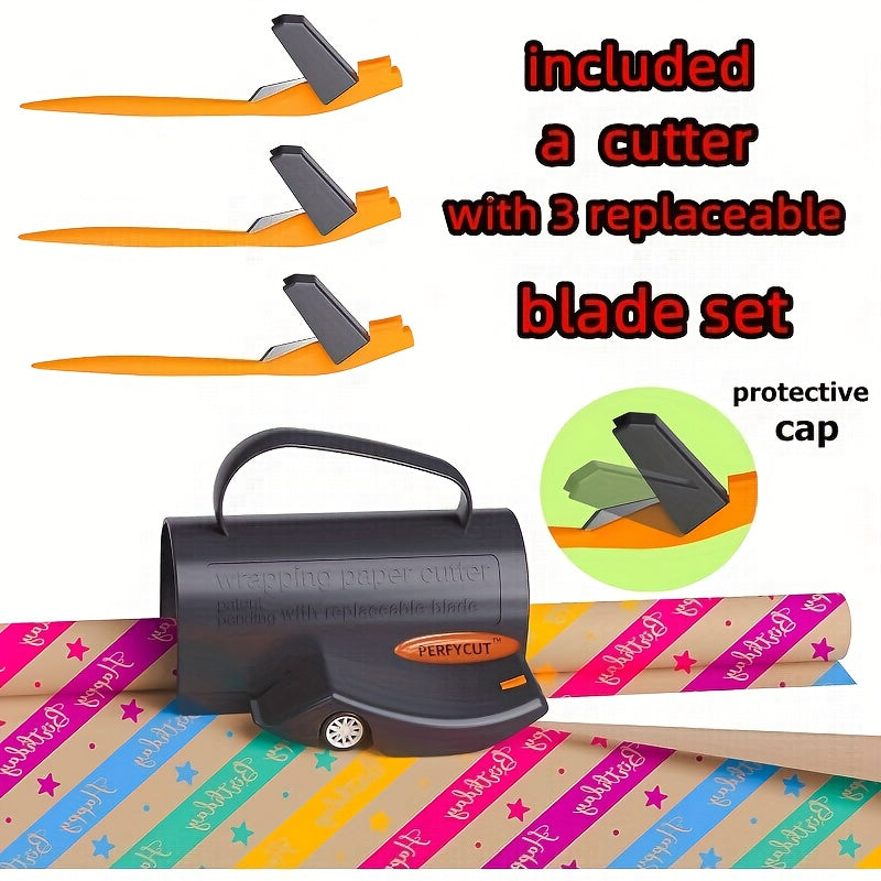 Wrapping Paper Cutter with 3 Replaceable Blade Sets - Birthday & Christmas Gift Wrap Cutter, Paper Roll Cutter with Tube Holder and Sliding Slicing Tool