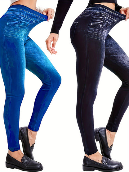 2 Pack Imitation Denim Print Pants - Casual Stretchy Everyday Pants for Women