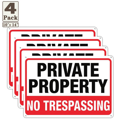 4pcs Private Property No Trespassing Signs, 10"x14" Rust-Free Aluminum, Indoor & Outdoor Use