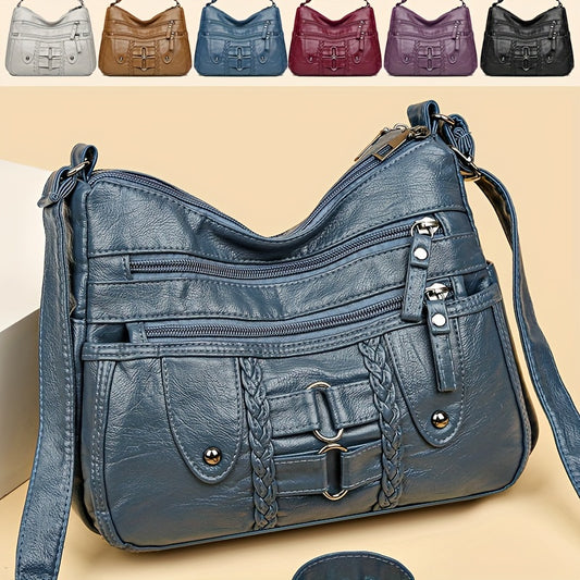 Retro Rivet Crossbody Bag for Women - PU Leather Multi-Zipper Messenger Bag