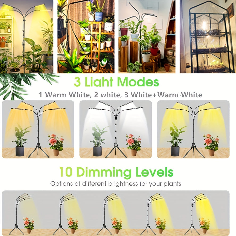 Grow Light with Stand – White & Warm White Spectrum, 10 Dimmable Brightness, 3 Timer Modes, Adjustable Gooseneck for Indoor Plant Growth