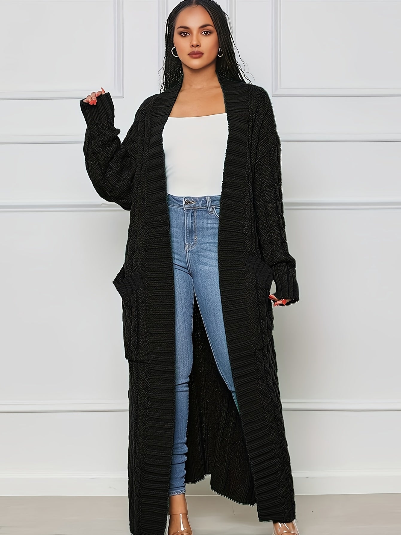 Long Length Cable Knit Cardigan – Elegant Solid Long Sleeve Sweater with Pockets – Women's Clothing