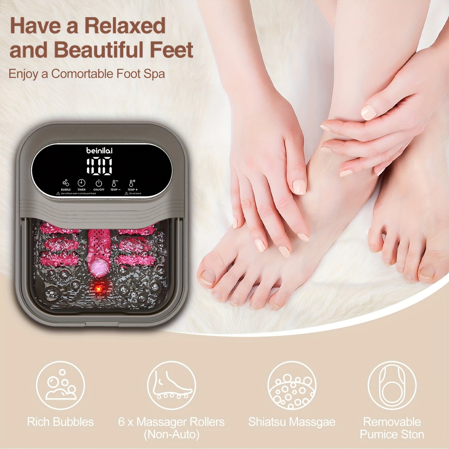 Collapsible Foot Spa Massager – Heater, Temperature Control, Bubbles, Massage Rollers & Vibration for Pressure Relief