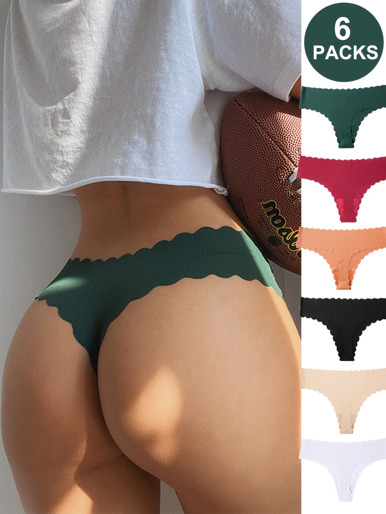 6 Piece Solid Seamless Scallop Trim Thongs – Ultra Comfy, Breathable, Stretchy Intimates for Women – Soft, Silky, Sweat-Wicking Lingerie for Everyday Wear