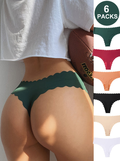 6 Piece Solid Seamless Scallop Trim Thongs – Ultra Comfy, Breathable, Stretchy Intimates for Women – Soft, Silky, Sweat-Wicking Lingerie for Everyday Wear