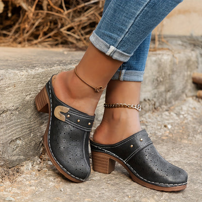 Women's Floral Pattern Slip-On Clogs with Chunky Heel - Closed Toe Soft Sole Walking Shoes