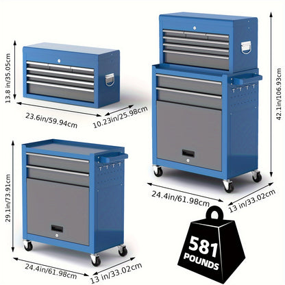 8 Drawer Tool Storage Cabinet on Wheels - High Capacity, Removable Organizer, Detachable Top Box, Locking System, Ideal for Workshop & Garage, Blue