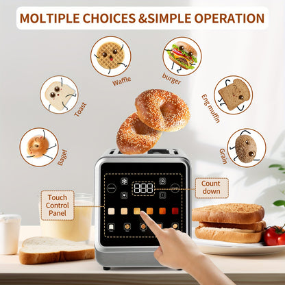 1.5 Inch 2-Slice Smart Digital Toaster - Touch Screen, 5 Bread Selections, 7 Shade Settings, Bagel/Defrost/Cancel/Reheat Functions, Removable Crumb Tray, Stainless Steel