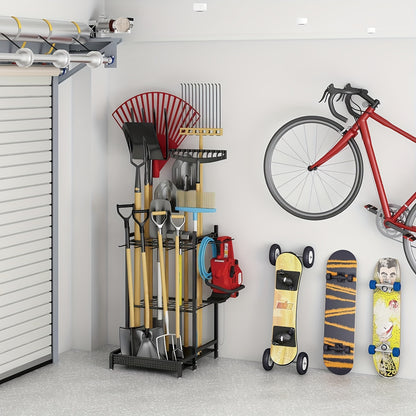 Heavy-Duty Tool Organizer Rack - Spacious Storage for Long-Handled Gardening Tools, Hooks, and Accessories - Durable Metal Construction, Sturdy Black Design, Ideal for Garage and Utility Storage