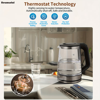 1.8L Electric Tea Kettle – Borosilicate Glass, Auto Shut Off, LED Indicator, BPA-Free for Coffee & Tea