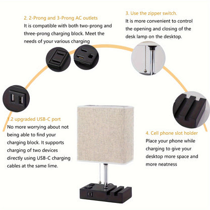 3 Color Temperature Bedside Lamp - Nightstand Table Lamp with 2 USB Ports and AC Outlet - LED Bulb Included - Ideal for Bedroom, Living Room, and Office