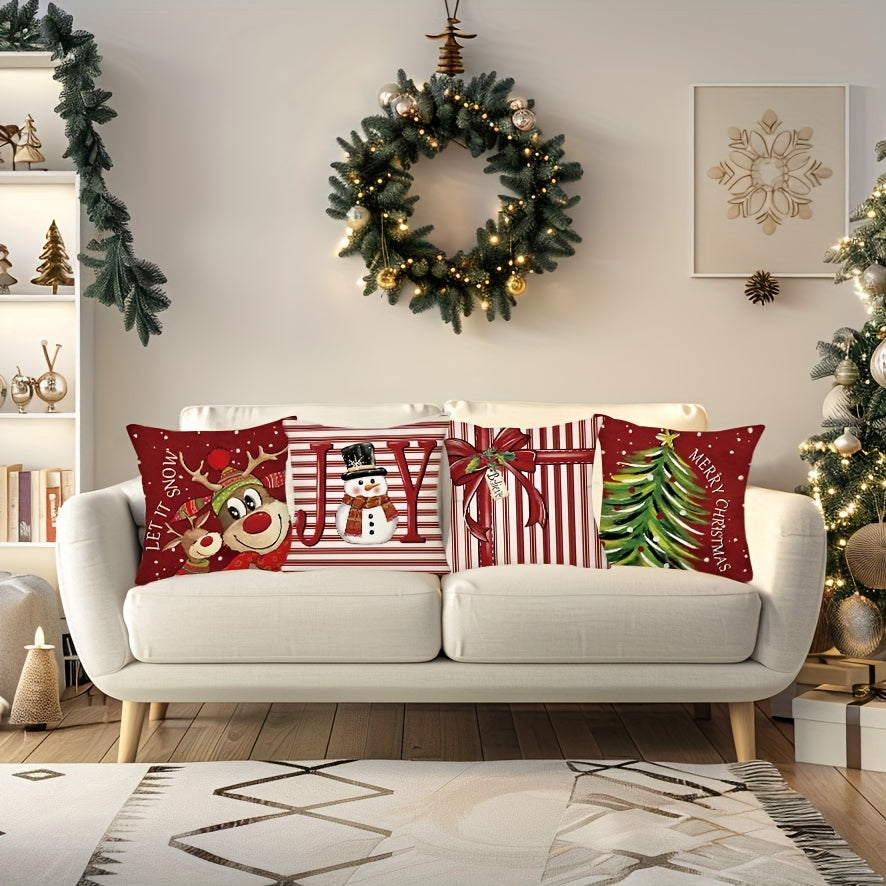 4pcs Merry Christmas Throw Pillow Covers - Cute Reindeer, Snowman & Xmas Tree Designs, Winter Holiday Farmhouse Decor, 18x18in Cushion Covers for Porch, Patio & Living Room