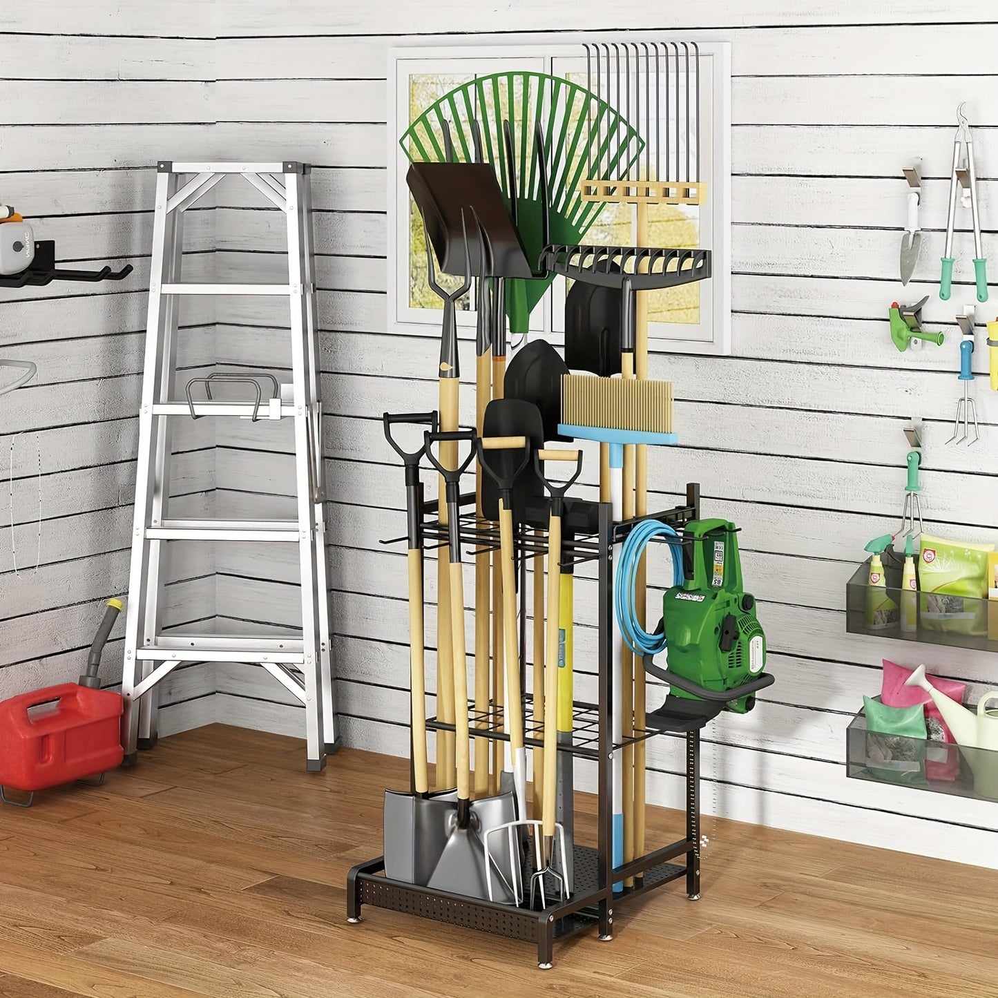 Heavy-Duty Tool Organizer Rack - Spacious Storage for Long-Handled Gardening Tools, Hooks, and Accessories - Durable Metal Construction, Sturdy Black Design, Ideal for Garage and Utility Storage