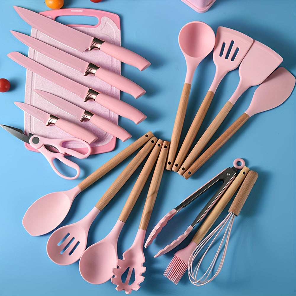 19 Piece Deluxe Silicone Kitchen Utensil Set - Heat-Resistant, Non-Stick, Ergonomic Wooden Handles, Includes Sharp Knives - Bamboo Storage Bucket for Easy Organization - Perfect for Holiday Cooking and Gift-Giving